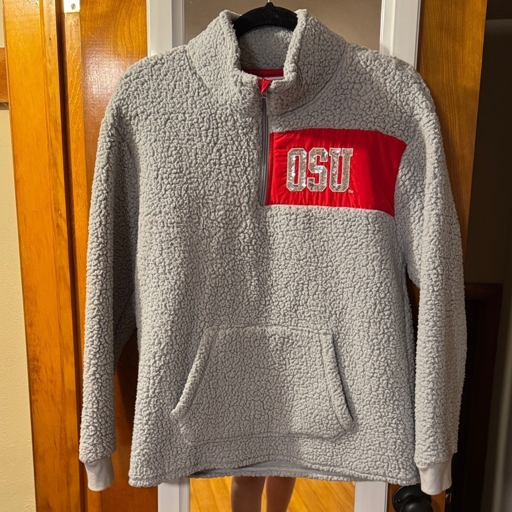 Gray Sherpa Pullover with Red OSU Logo